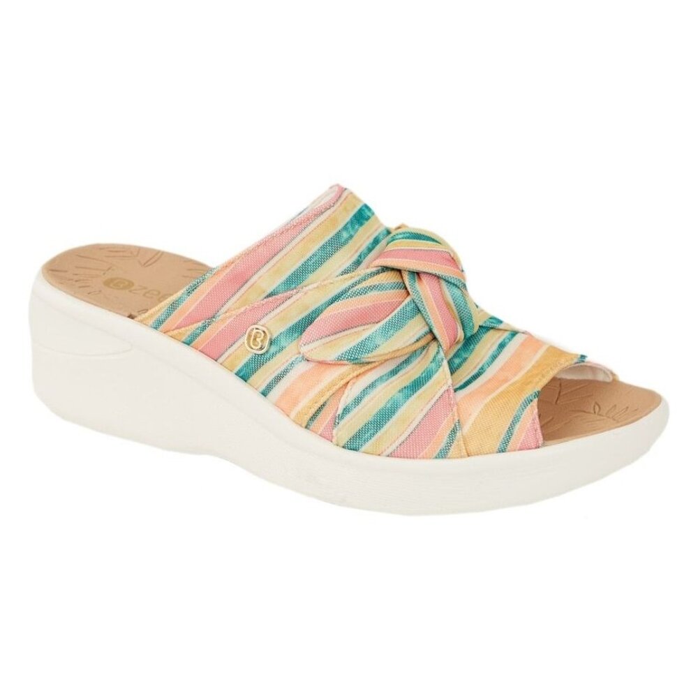Bzees Daisy Women 8.5 Wedge Sandal Bow Detail Colorful Stripes Slip-On Shoes